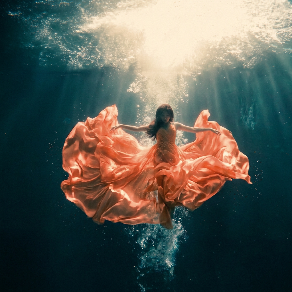 A woman in a coral dress suspended underwater, light streaming down
