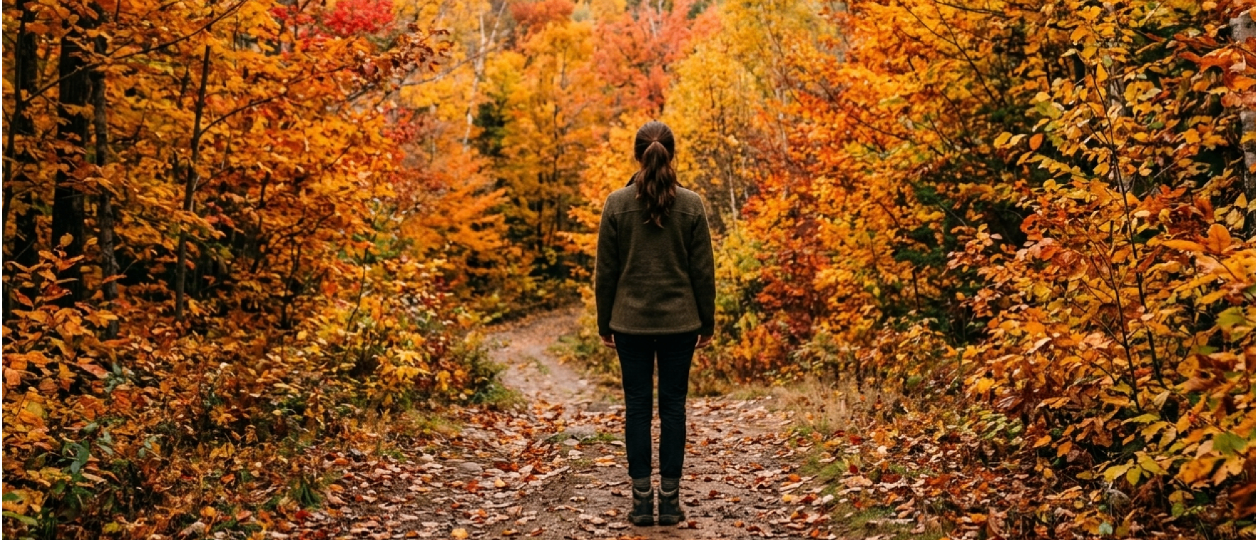 A woman standing on a forest path crowded with blazing autumn color